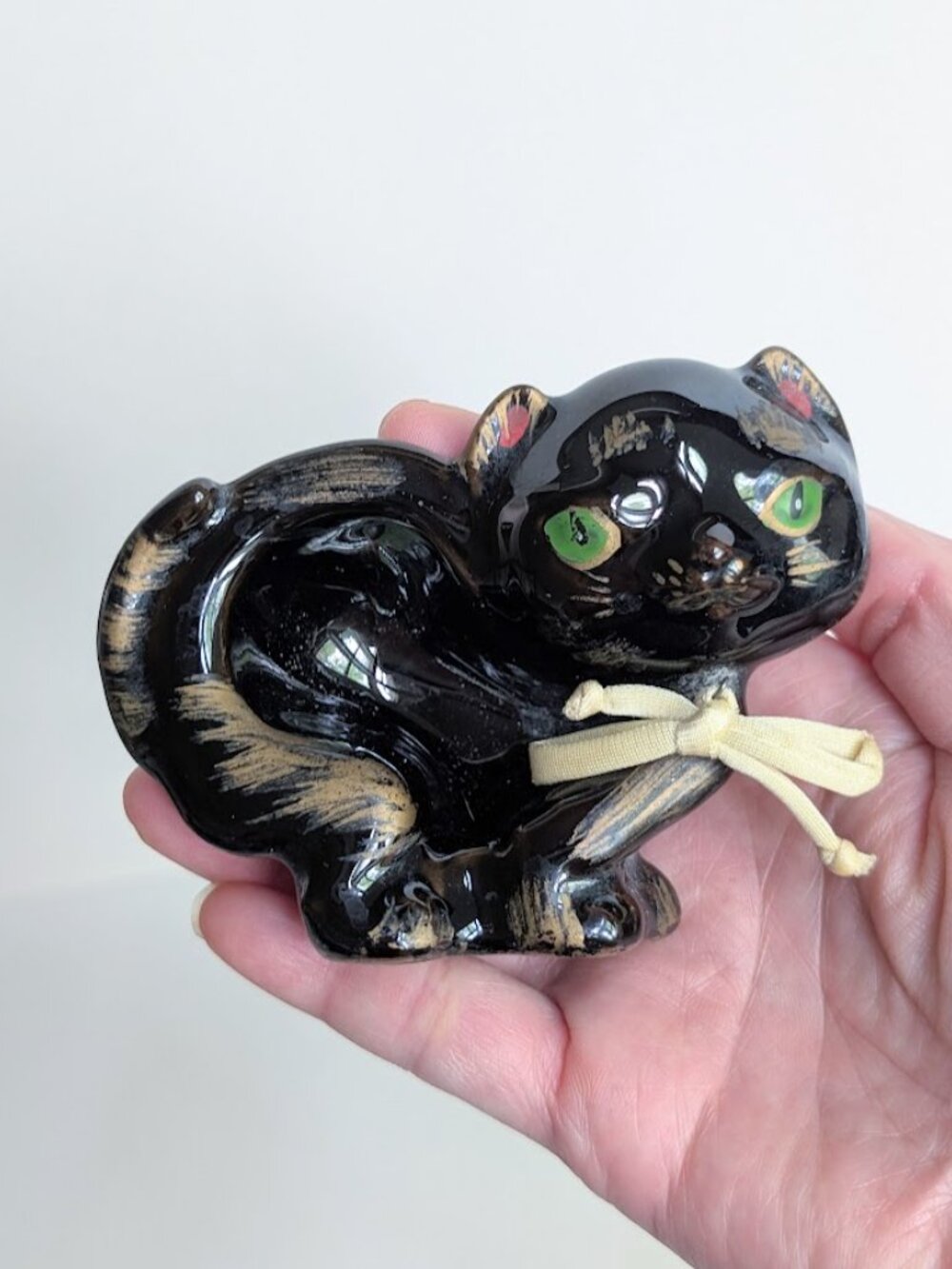 Vtg Ceramic Black Cat Ashtray Trinket Dish Mid Century Kitschy Green Eyes